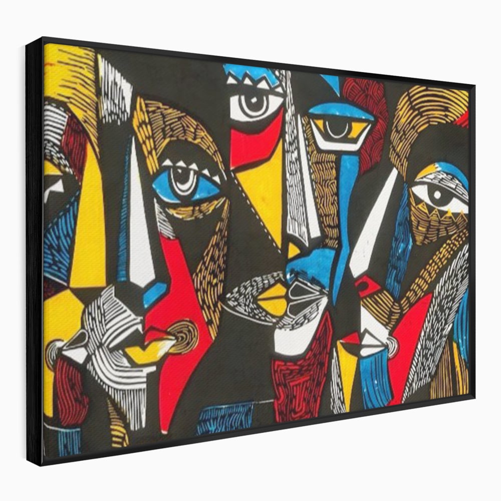 Tablou canvas cu tablou abstract cu fete colorate, in rama de aluminiu negru